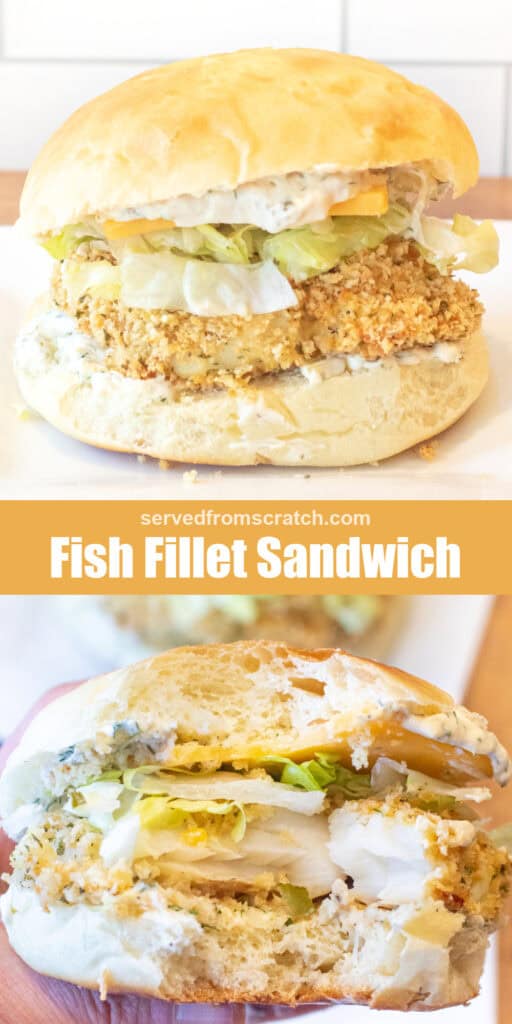 a breaded fish sandwich with lettuce and cheese on a brioche bun with Pinterest pin text and a hand holding the sandwich with a bite out of it.