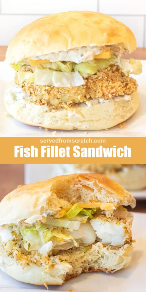 a breaded fish sandwich with lettuce and cheese on a brioche bun with Pinterest pin text and it on a plate with a bite taken out.