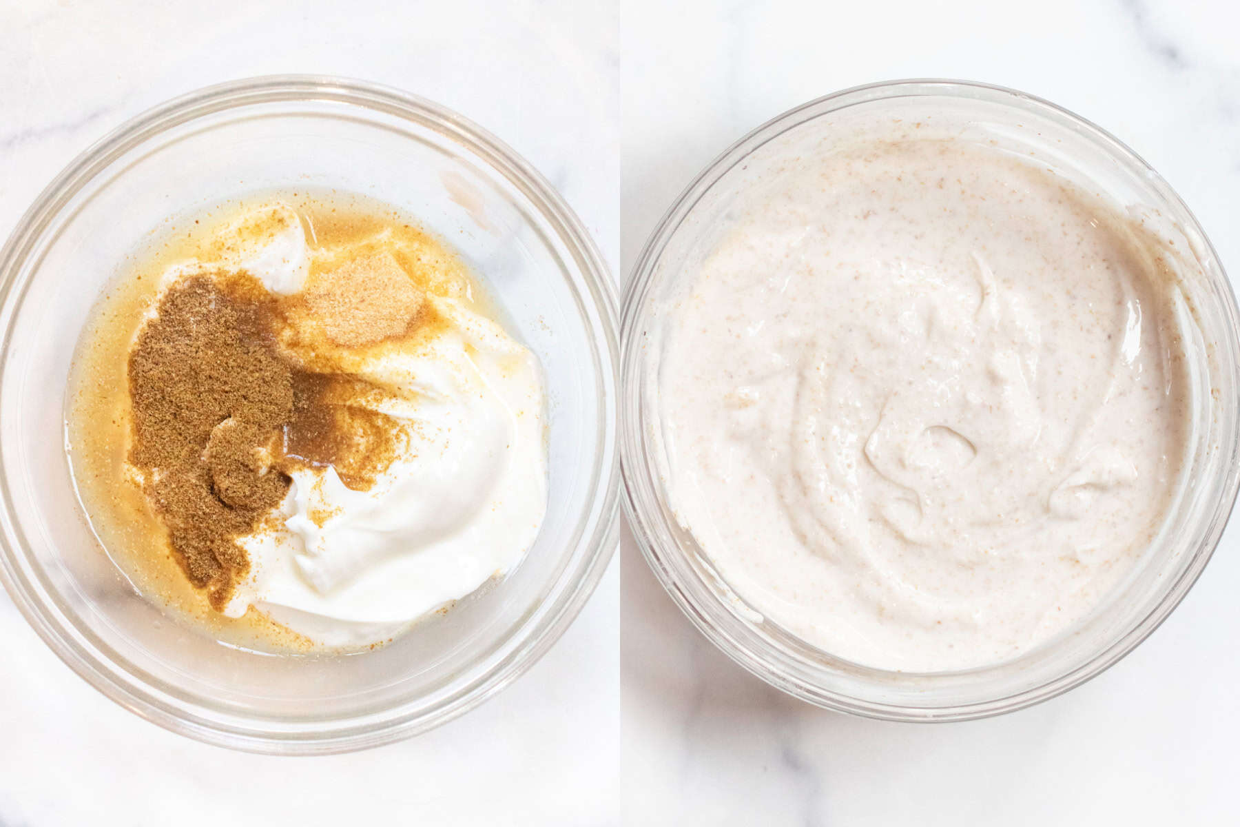two bowls, one with yogurt and spices and lemon juice, and then it all mixed together.