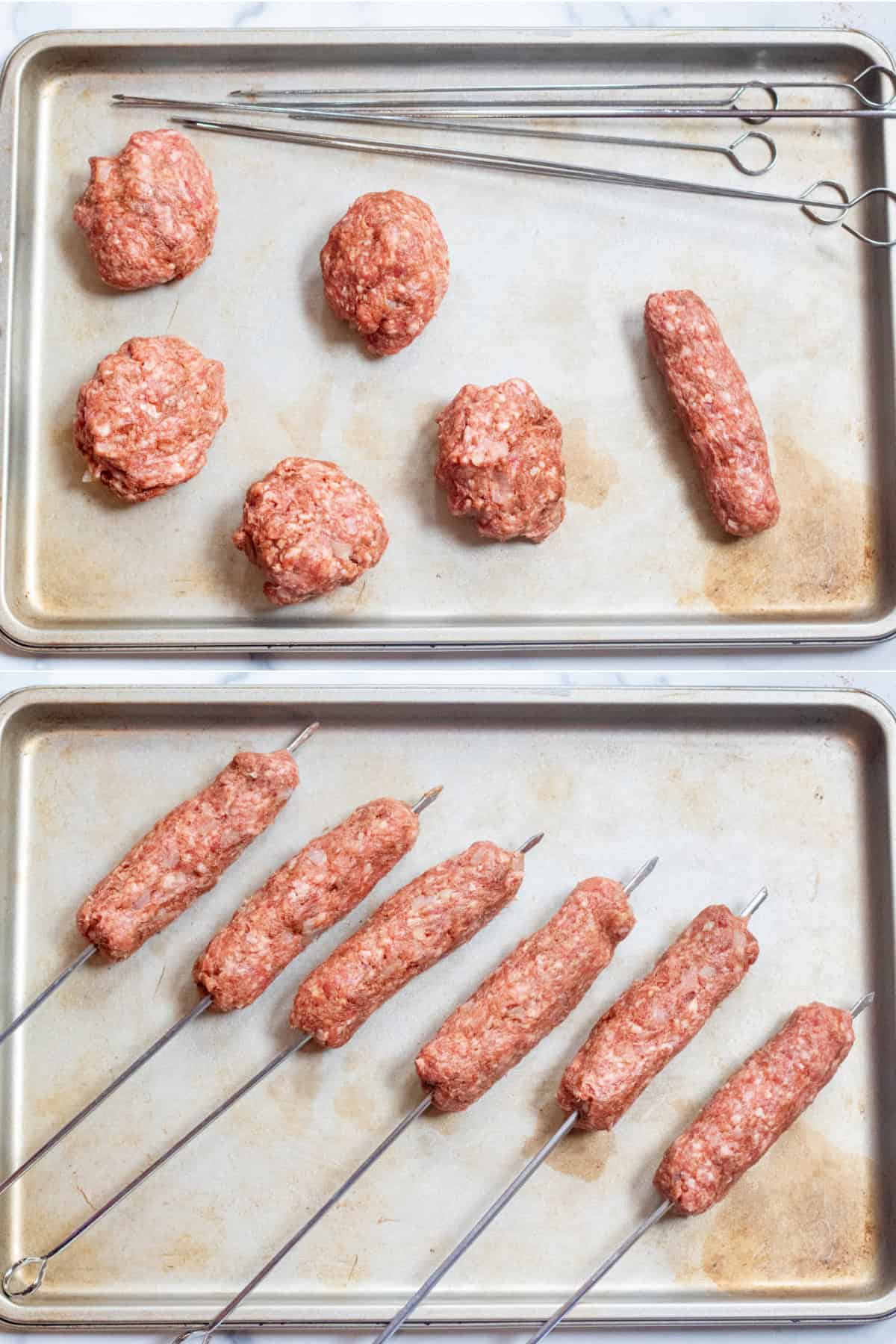 6 pieces of ground lamb with one log rolled out on a tray and then a picture of all of the raw lamb rolled out on metal skewers.