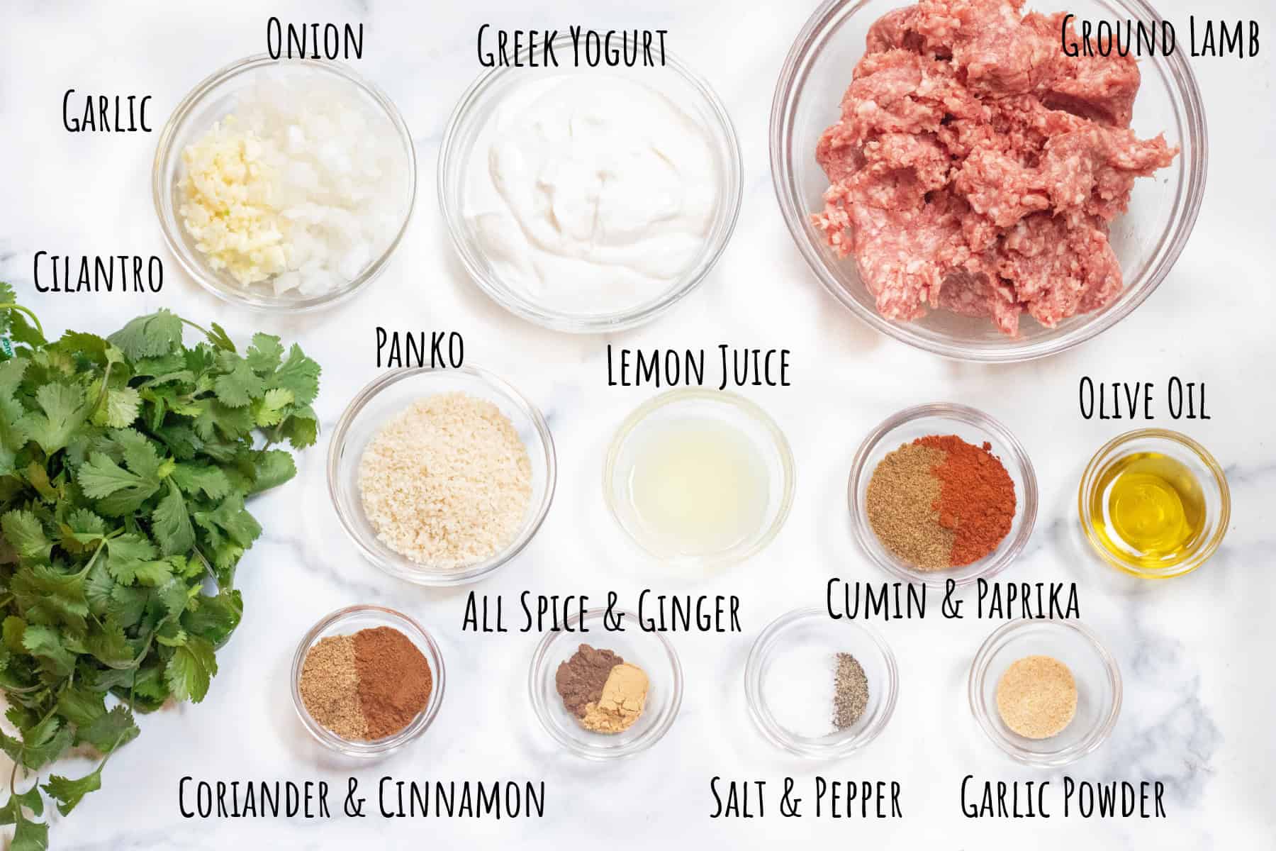 bowls of raw onion and garlic, yogurt, ground lamb, panko, lemon juice, cilantro, and spices all labeled.