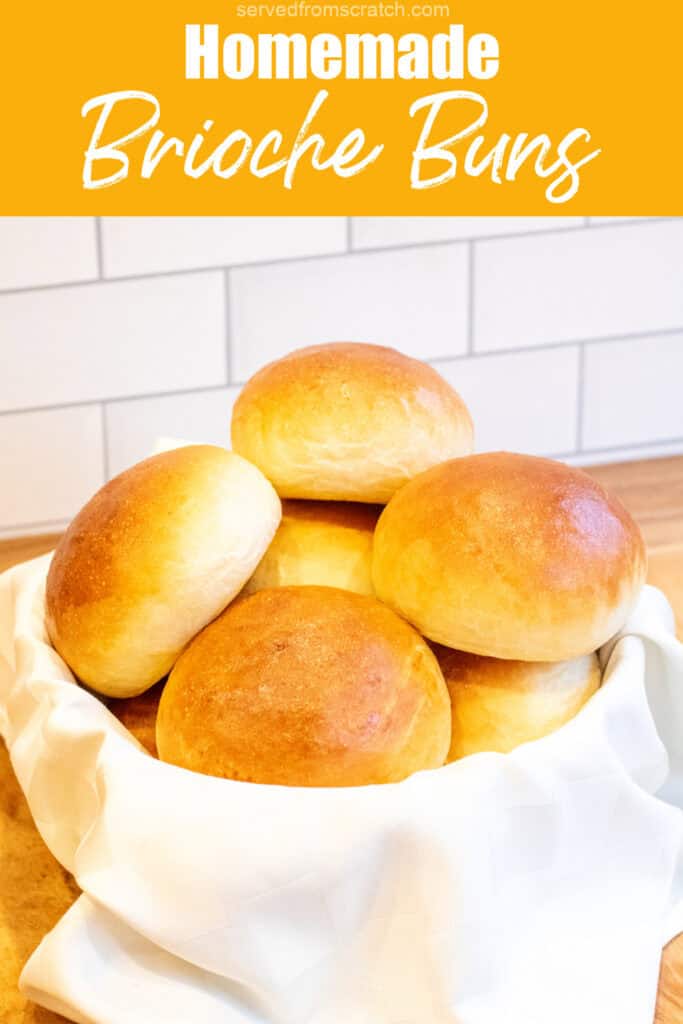 a basket of brioche buns with Pinterest pin text.