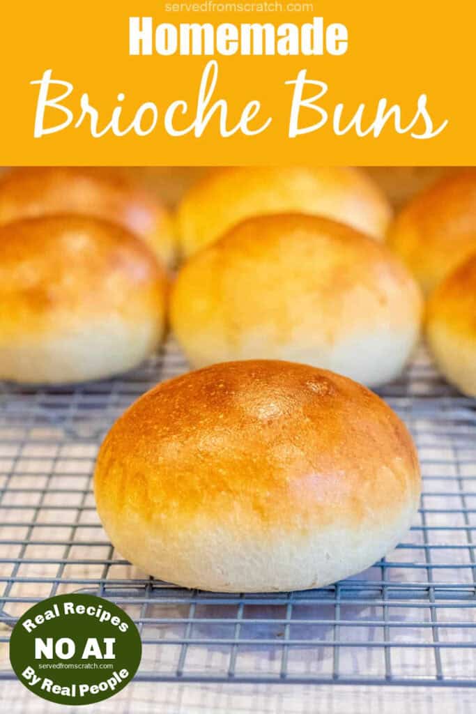 a baked brioche bun on a cooling rack with other buns with Pinterest pin text with NO AI Sticker.