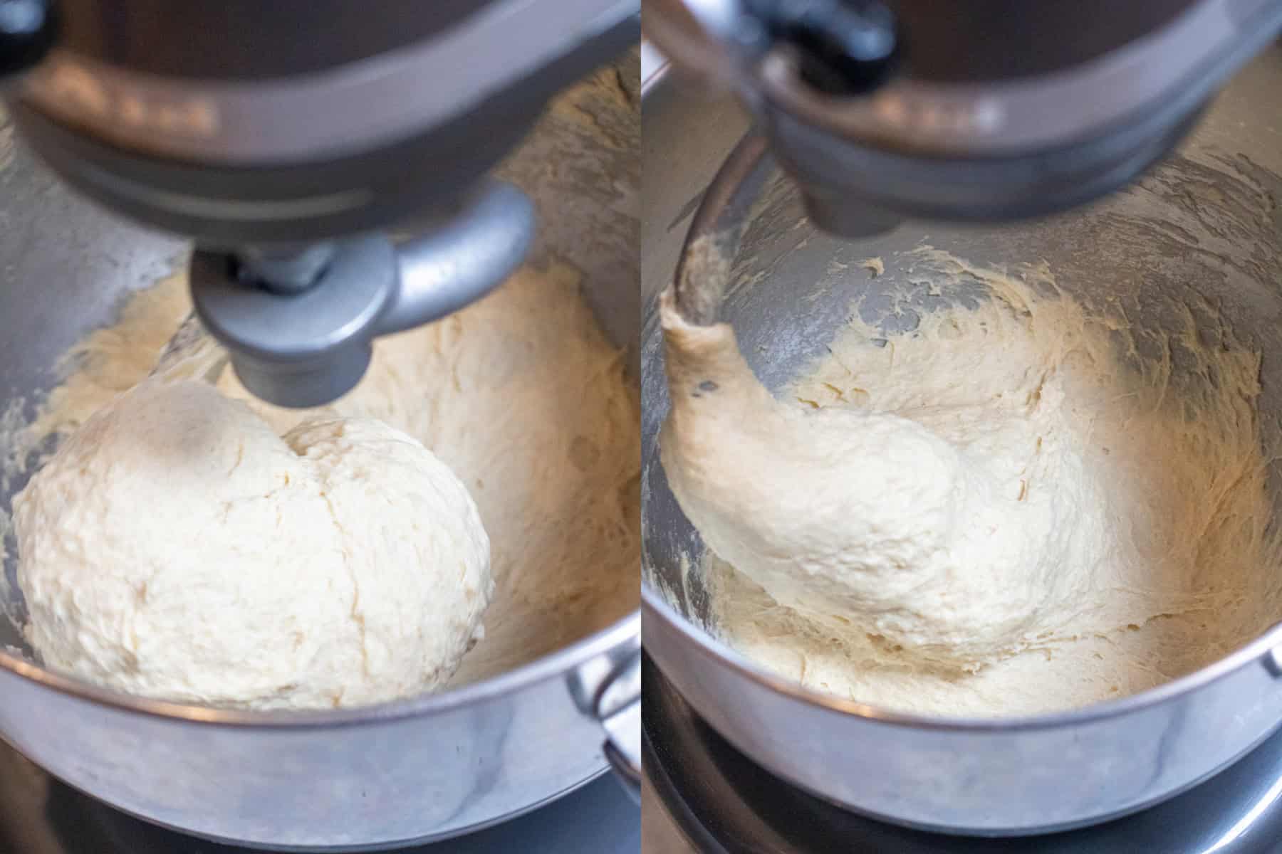 two pictures of a stand mixer with a very sticky dough being mixed.