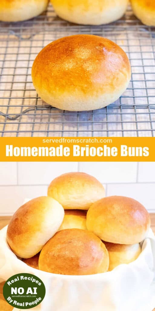 a baked brioche bun on a cooling rack with other buns with Pinterest pin text and a bowl of buns and NO AI sticker.