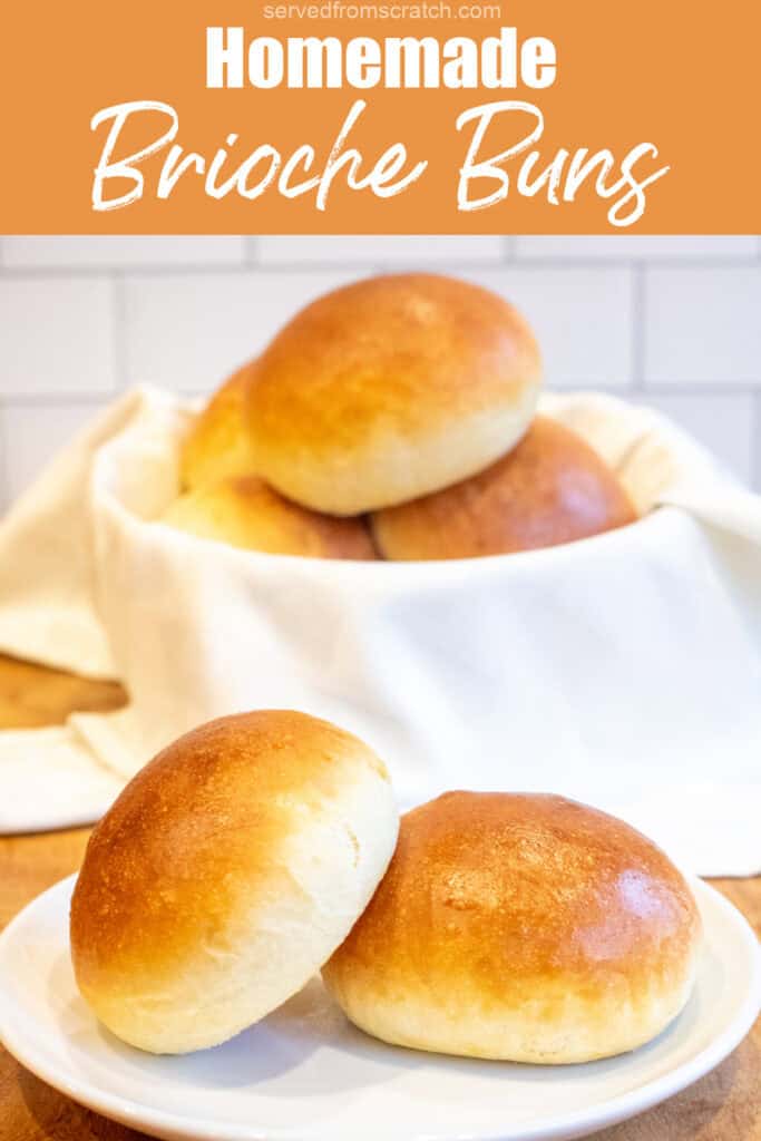 a plate with two brioche buns on it in front of a basket of buns with Pinterest pin text.