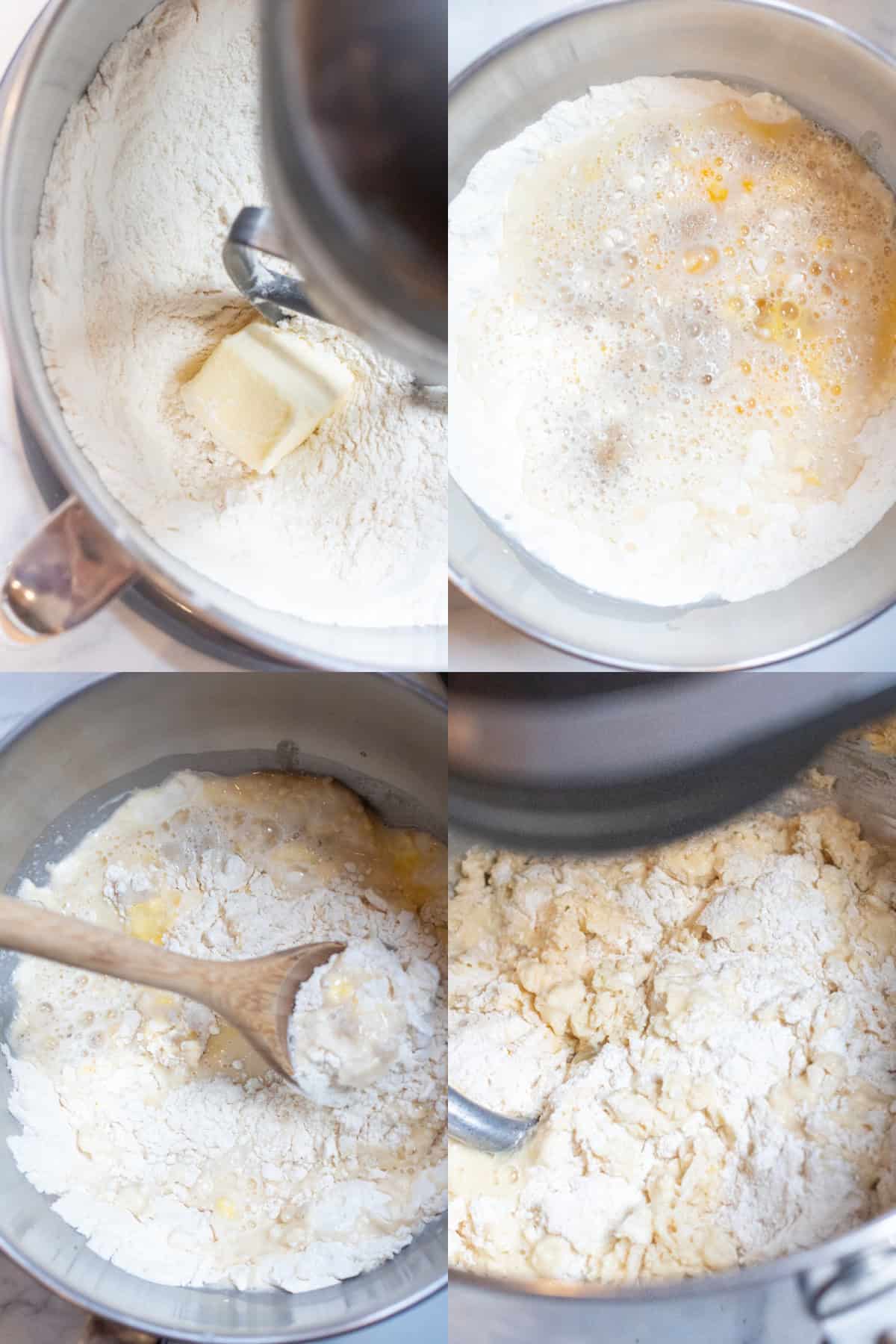 4 pictures of a stand mixer. The first with flour and butter, it mixed, then a wooden spoon with some liquid, and it all being mixed more.