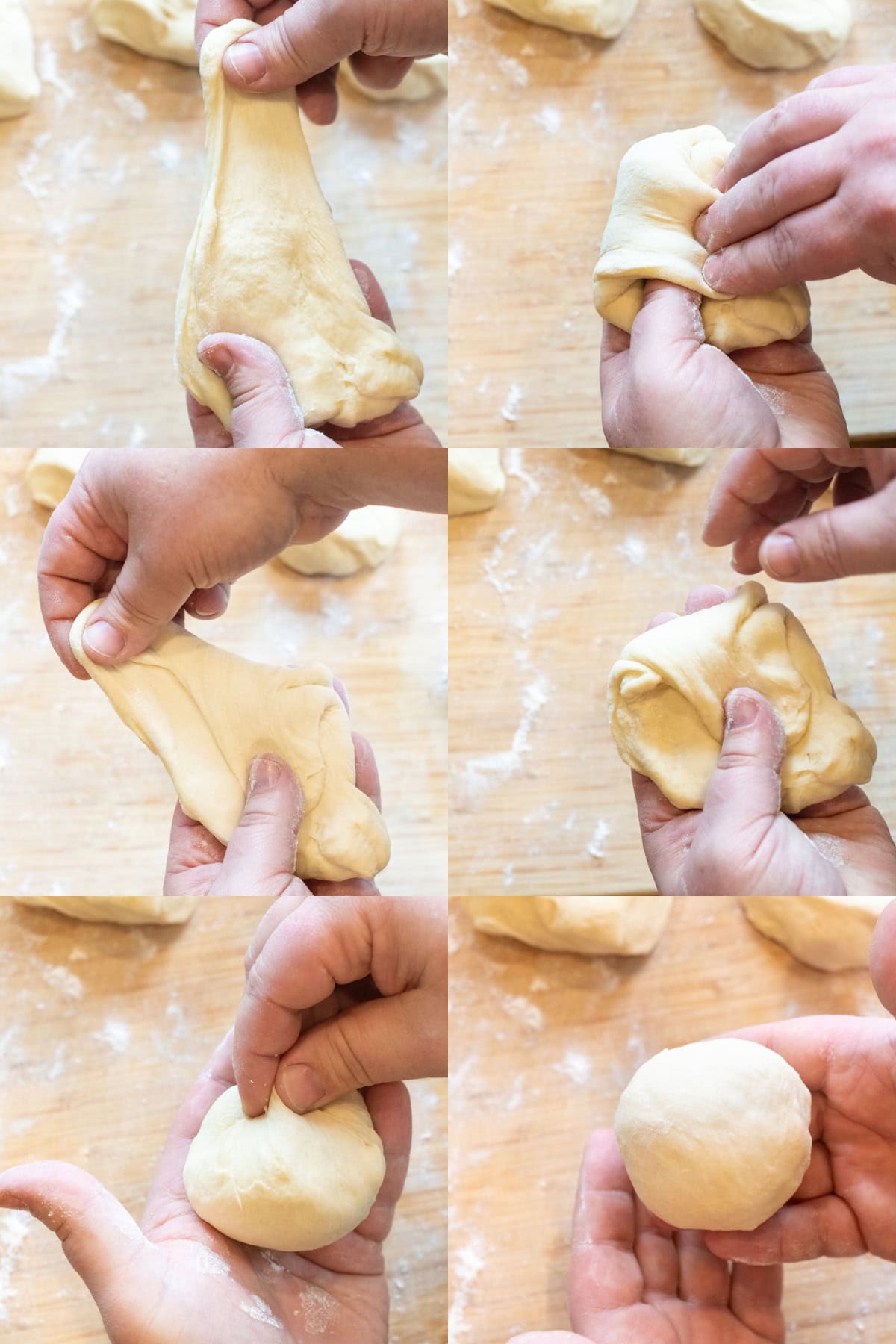 6 pictures of a hand shaping a ball of dough.