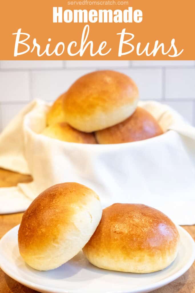 a plate with two brioche buns on it in front of a basket of buns with Pinterest pin text.