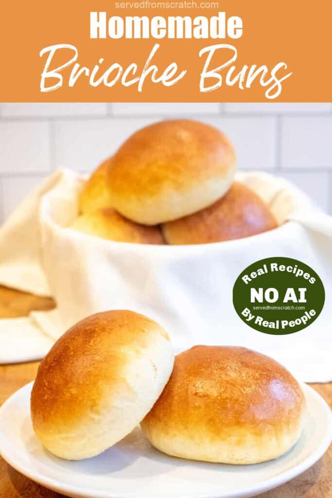a plate with two brioche buns on it in front of a basket of buns with Pinterest pin text with NO AI sticker.