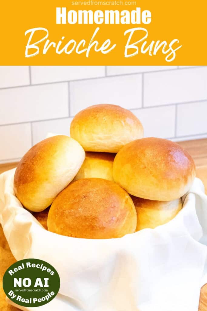 a basket of brioche buns with Pinterest pin text and NO AI sticker.