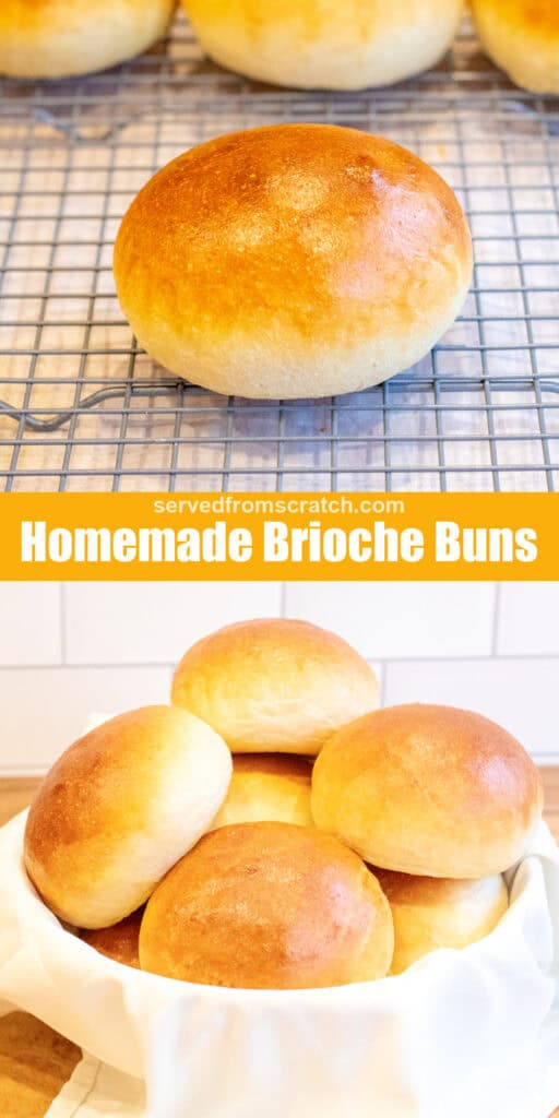 a baked brioche bun on a cooling rack with other buns with Pinterest pin text and a bowl of buns.