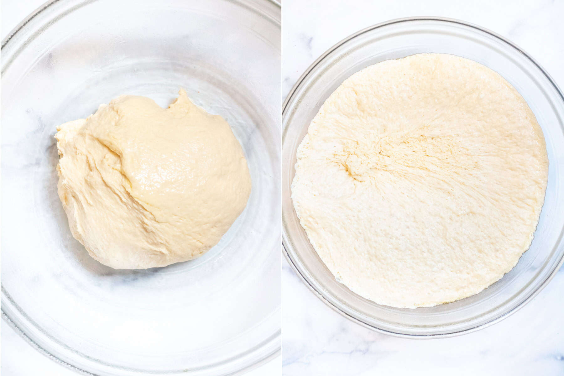 two pictures, one of a dough ball in a bowl and then it risen. 