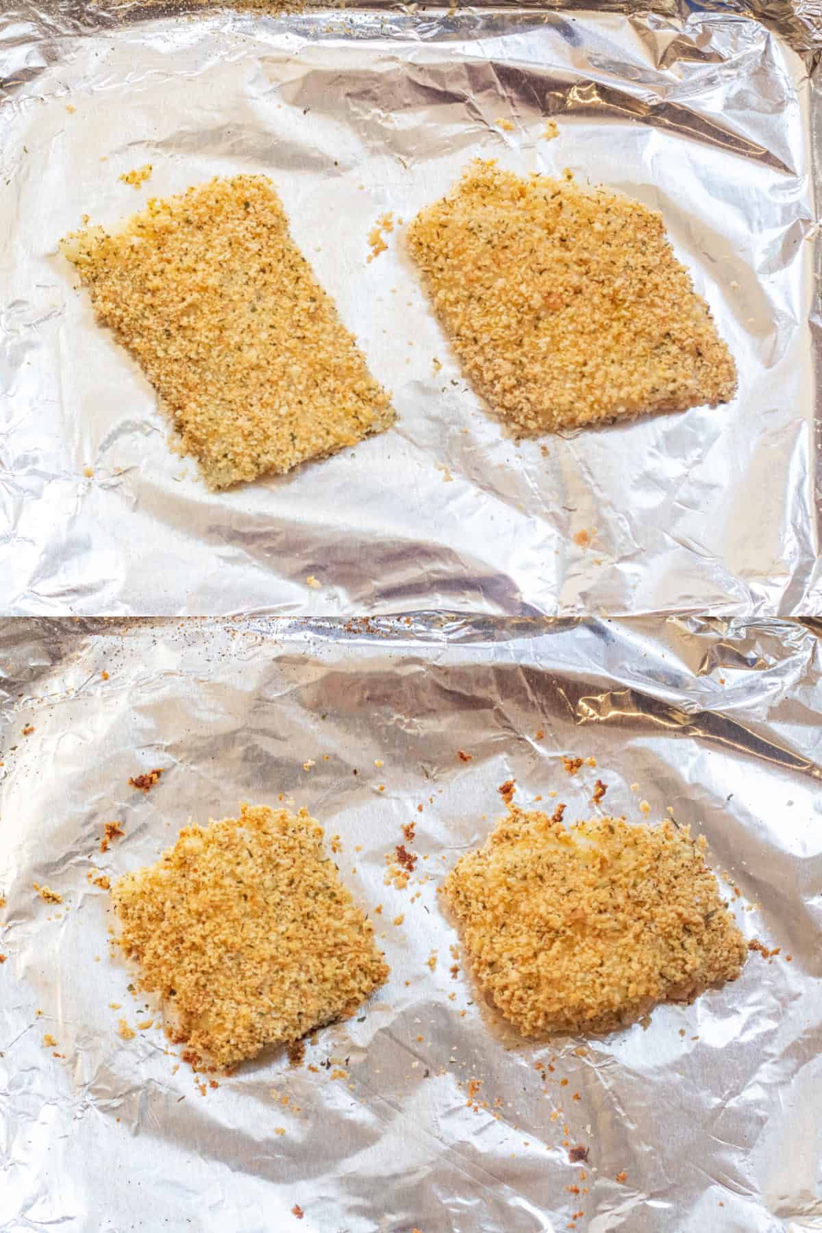 two pictures one of unbaked coated cod and then the next with them baked.