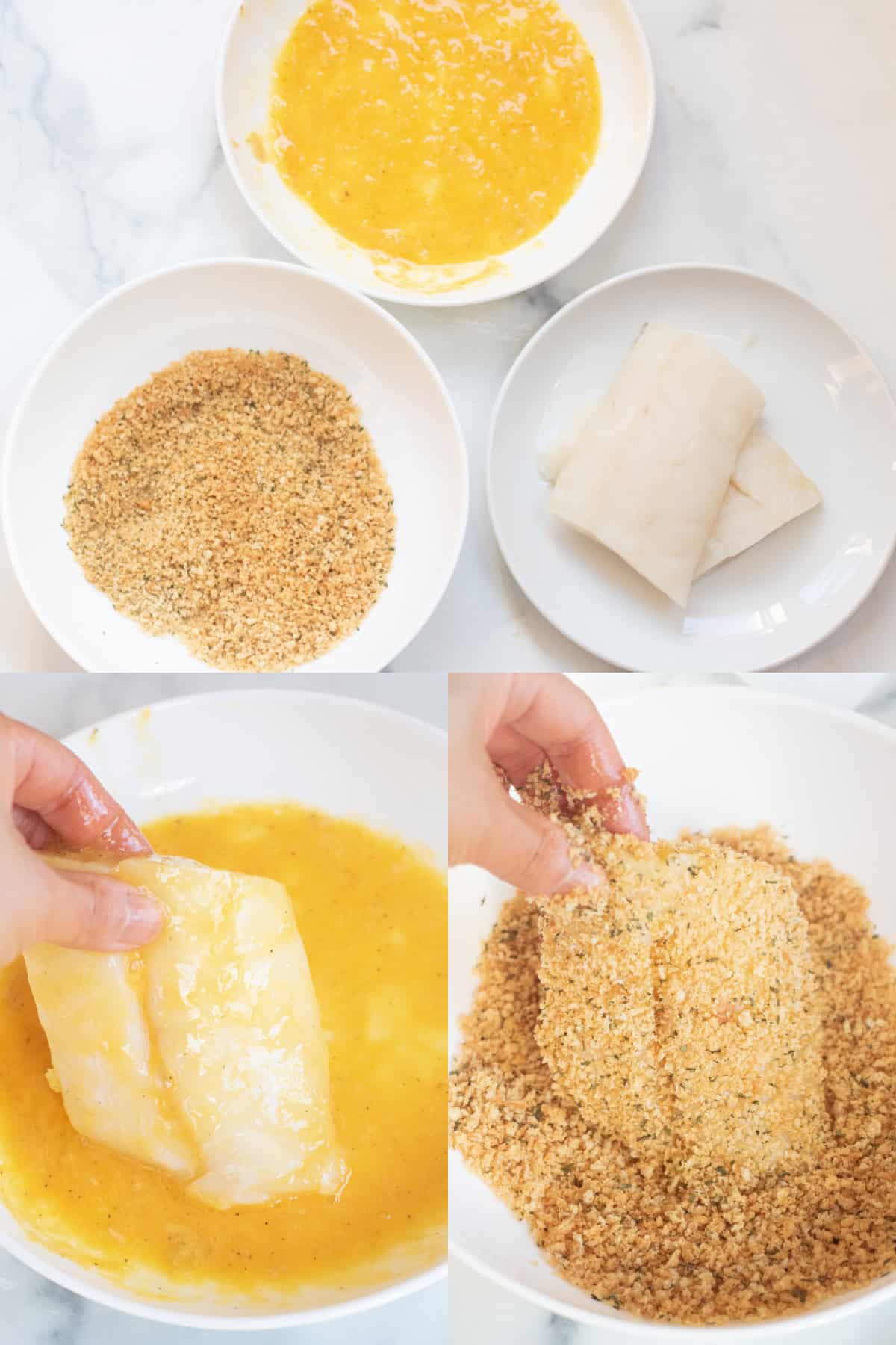 a picture of a bowl of whisked egg, toasted bread crumbs, and cod fillets.