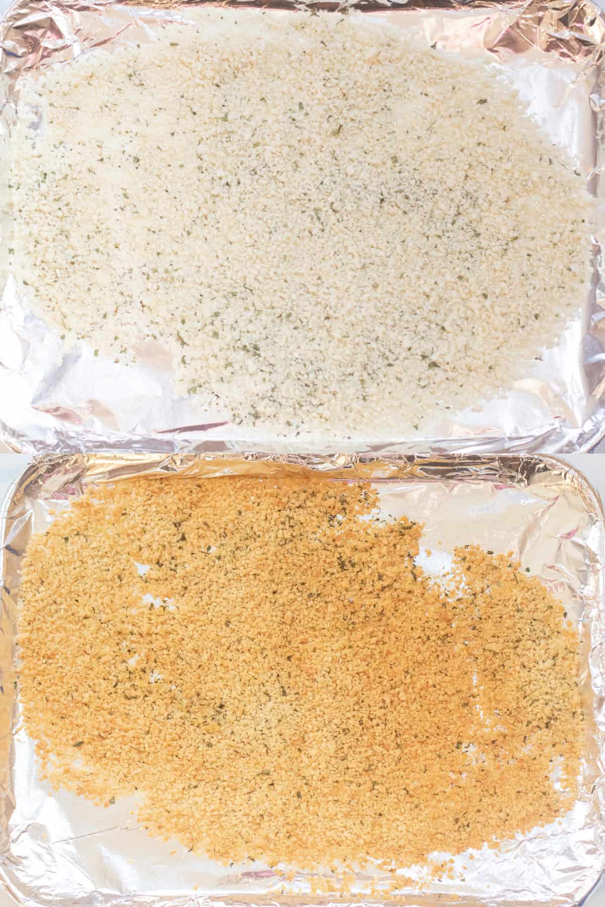 two pictures of trays with panko bread crumbs. One untoasted and one toasted.