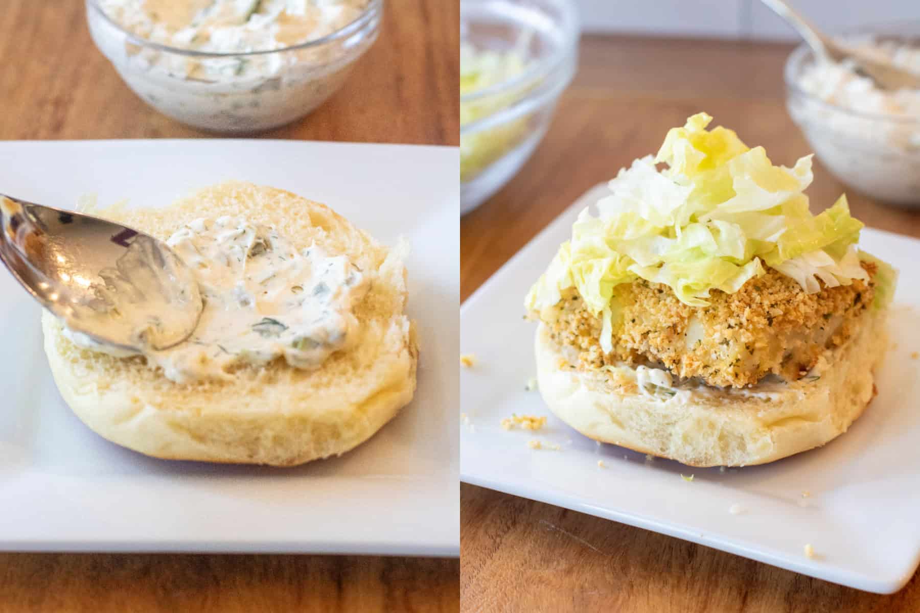 two pictures, one of a bun with some tartar sauce being put on with a spoon and the other with a baked cod fillet on it and shredded lettuce on top. 