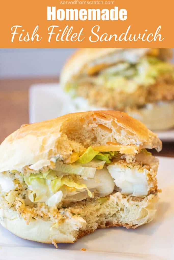 a breaded fish sandwich with lettuce and cheese on a brioche bun with a bite taken out and Pinterest pin text.