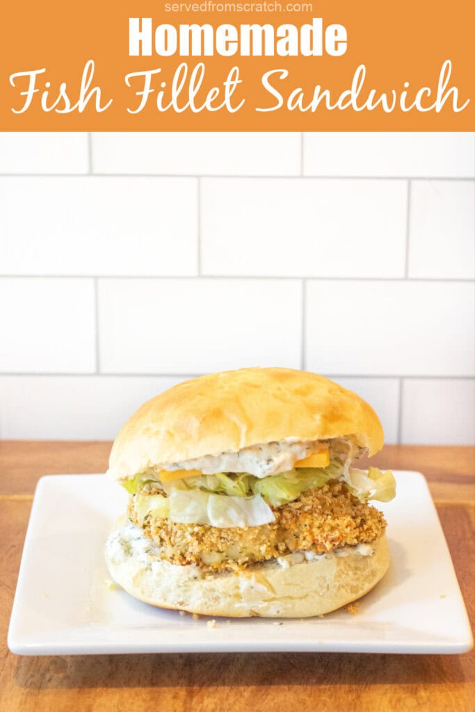 a breaded fish sandwich with lettuce and cheese on a brioche bun with Pinterest pin text.