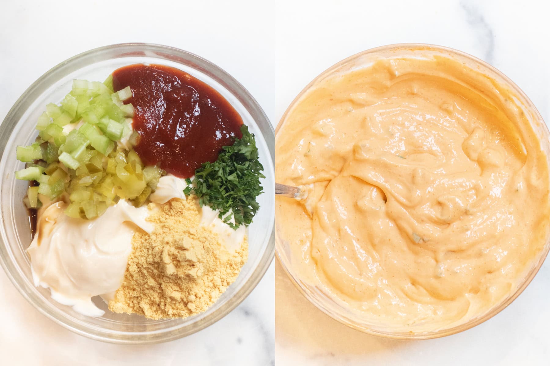two bowls one of mayo, mustard, hot sauce, pickles, celery, and parsley and then it all mixed together.