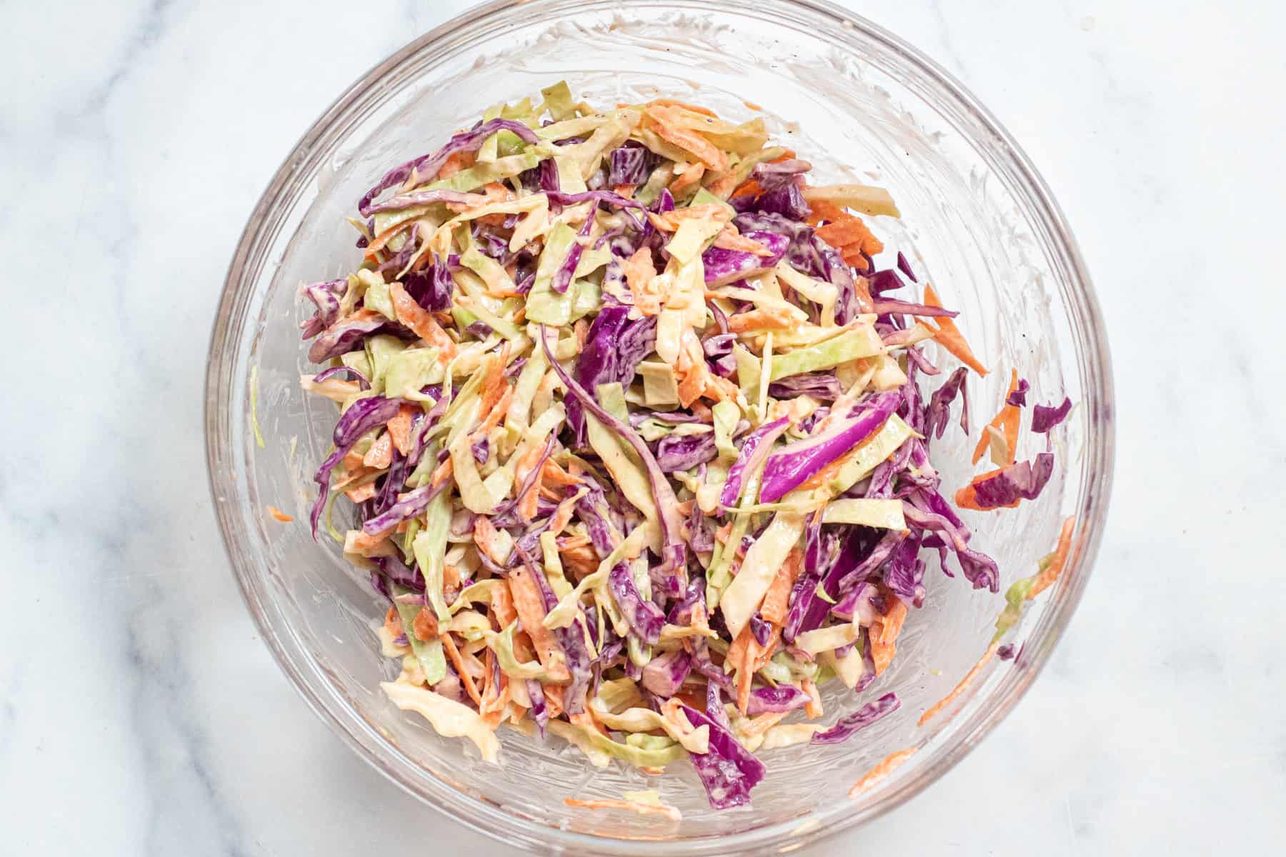 an overhead of a bowl of mixed slaw.