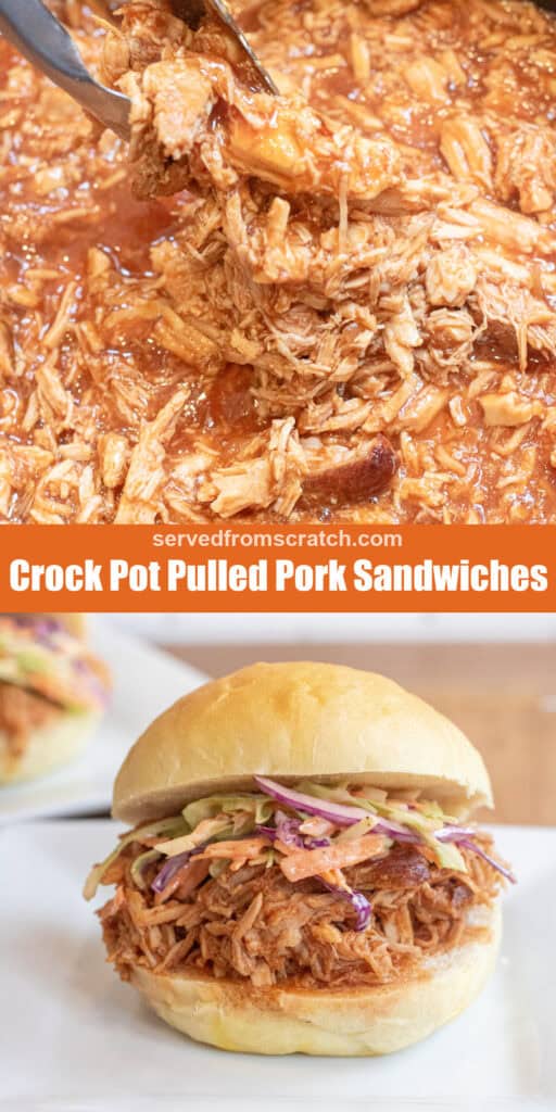 a crock with shredded pork, Pinterest pin text and a pulled pork sandwich on a plate with coleslaw on a brioche bun.