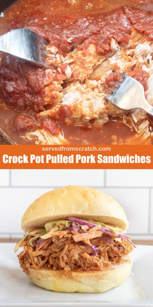 a crock with shredded pork, Pinterest pin text and a pulled pork sandwich on a plate with coleslaw on a brioche bun.