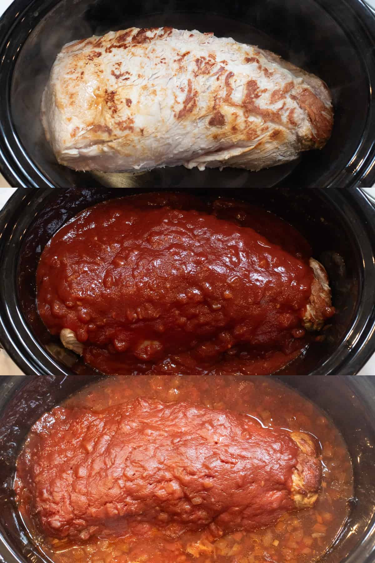 3 pictures, one of seared pork in a crock pot, of it covered in BBQ sauce, and then it all slow cooked.