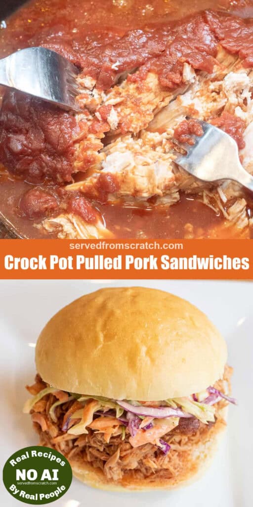 a crock with shredded pork, Pinterest pin text and a pulled pork sandwich on a plate with coleslaw on a brioche bun with NO AI sticker.
