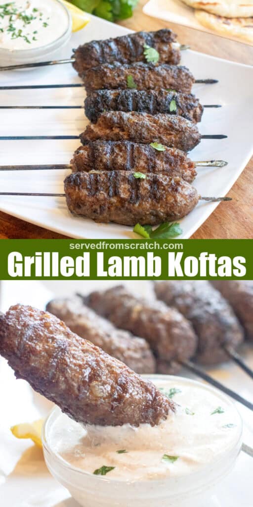 grilled cooked kofta skewers on a plate with a bowl of yogurt sauce and next to a plate of naan and some cilantro with Pinterest pin text and a kofta being dipped into a yogurt sauce.