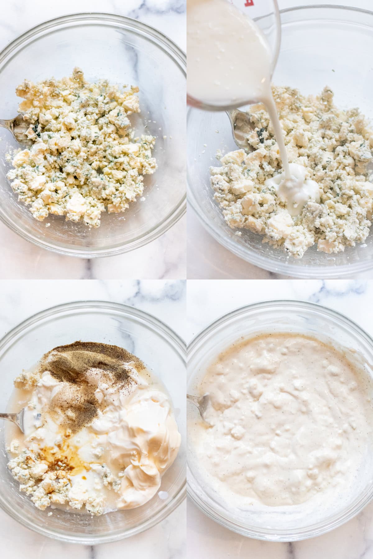 4 pictures of bowls, one with crumbled blue cheese, one with buttermilk being poured into the blue cheese, the next with added black pepper, sour cream, mayonnaise, vinegar, and worcestershire sauce, and the final of it all mixed together.