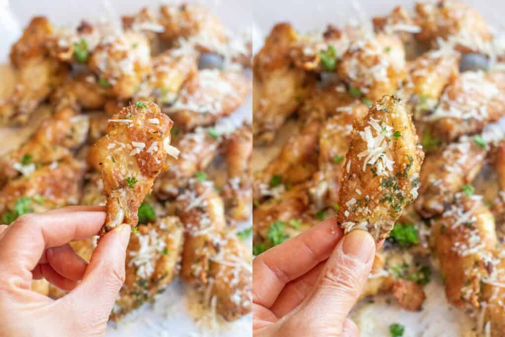 two pictures of a hand holding a chicken wing, one with a drumette and one with a flat. 