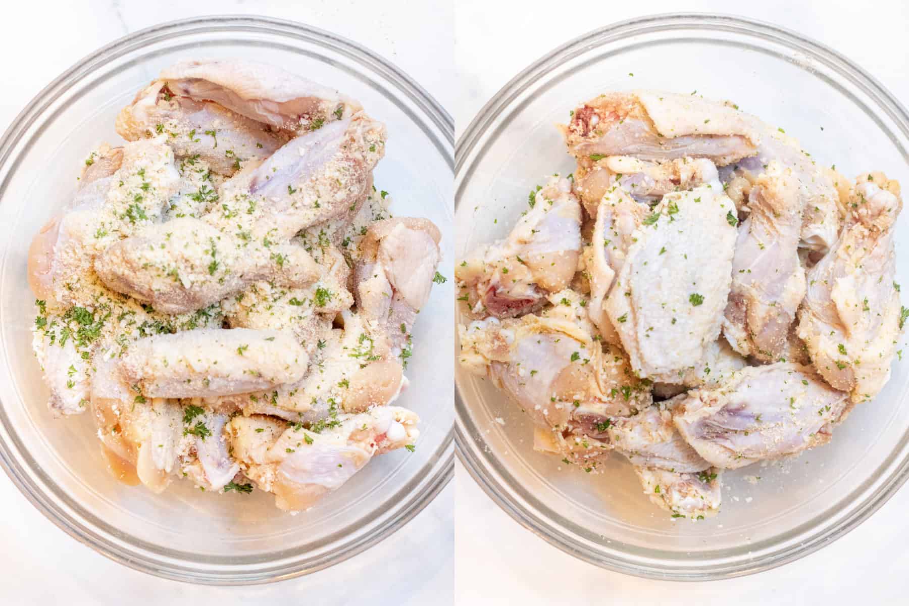 two bowls of raw chicken wings, one with baking soda and herbs and cheese sprinkled on top and then it all mixed.