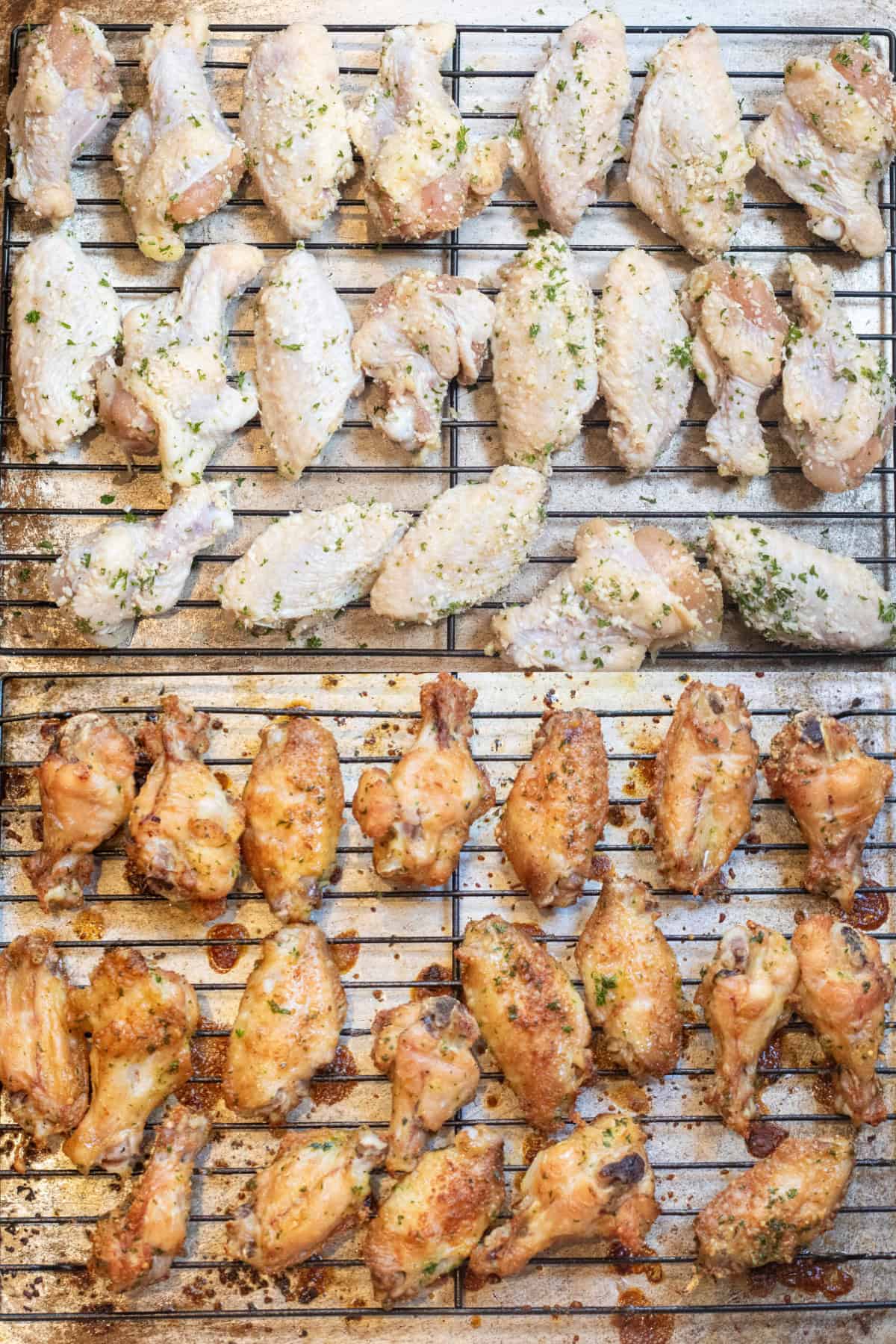 raw chicken wings on a rack on a baking tray and then them all baked. 