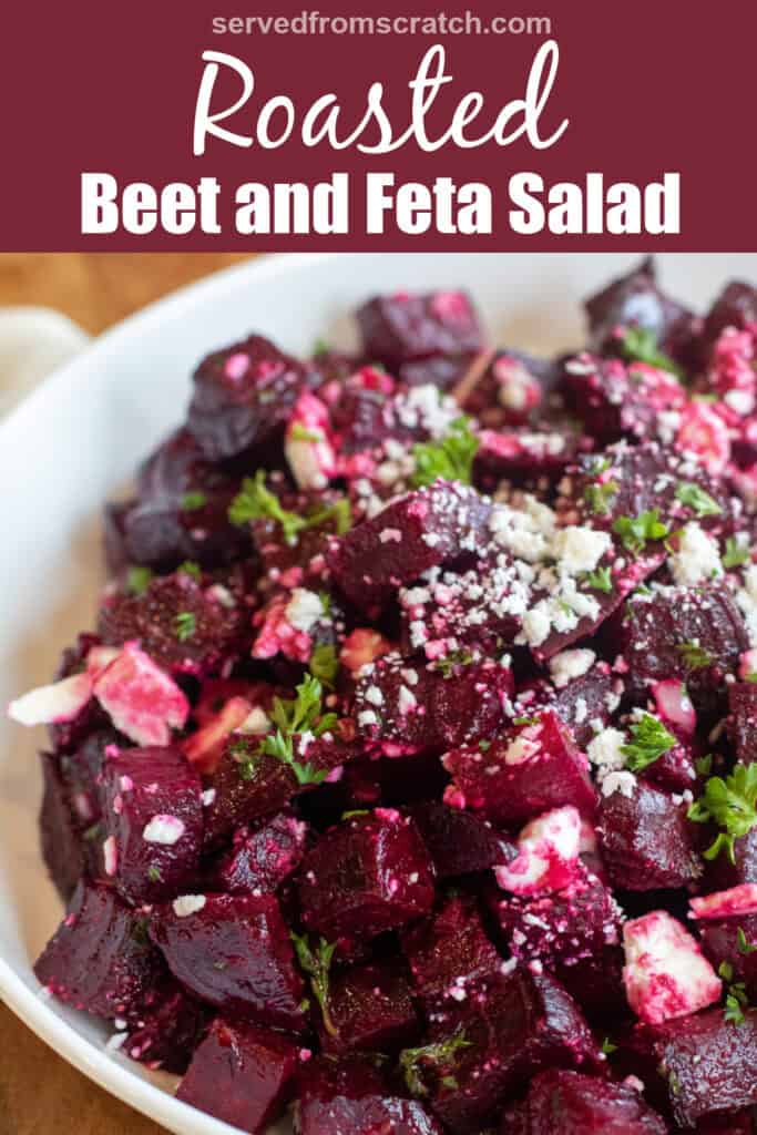 a bowl of cubed and roasted beets with feta and herbs with Pinterest pin text.