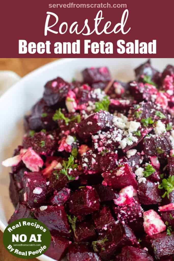 a bowl of roasted beet and feta salad with Pinterest pin text and NO AI sticker.