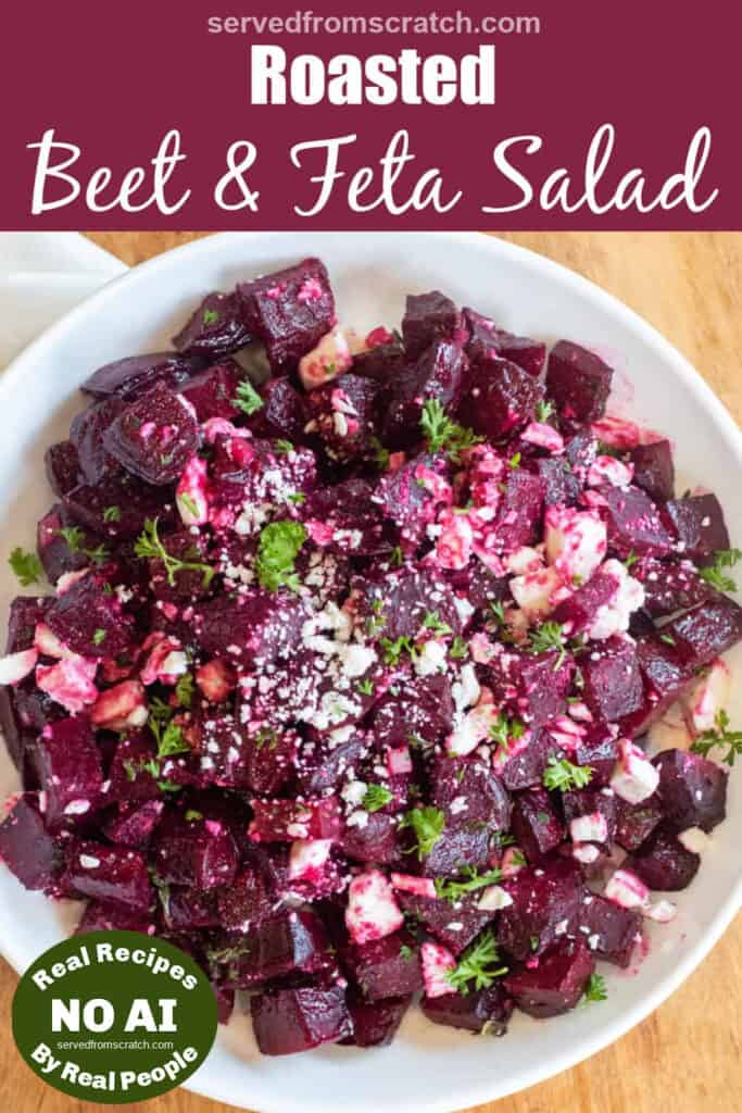 a bowl of roasted beet and feta salad with Pinterest pin text and NO AI sticker.