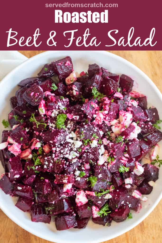 a bowl of cubed and roasted beets with feta and herbs with Pinterest pin text.