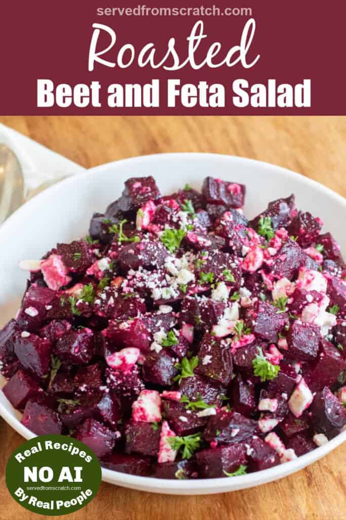 a bowl of roasted beet and feta salad with Pinterest pin text and NO AI sticker.