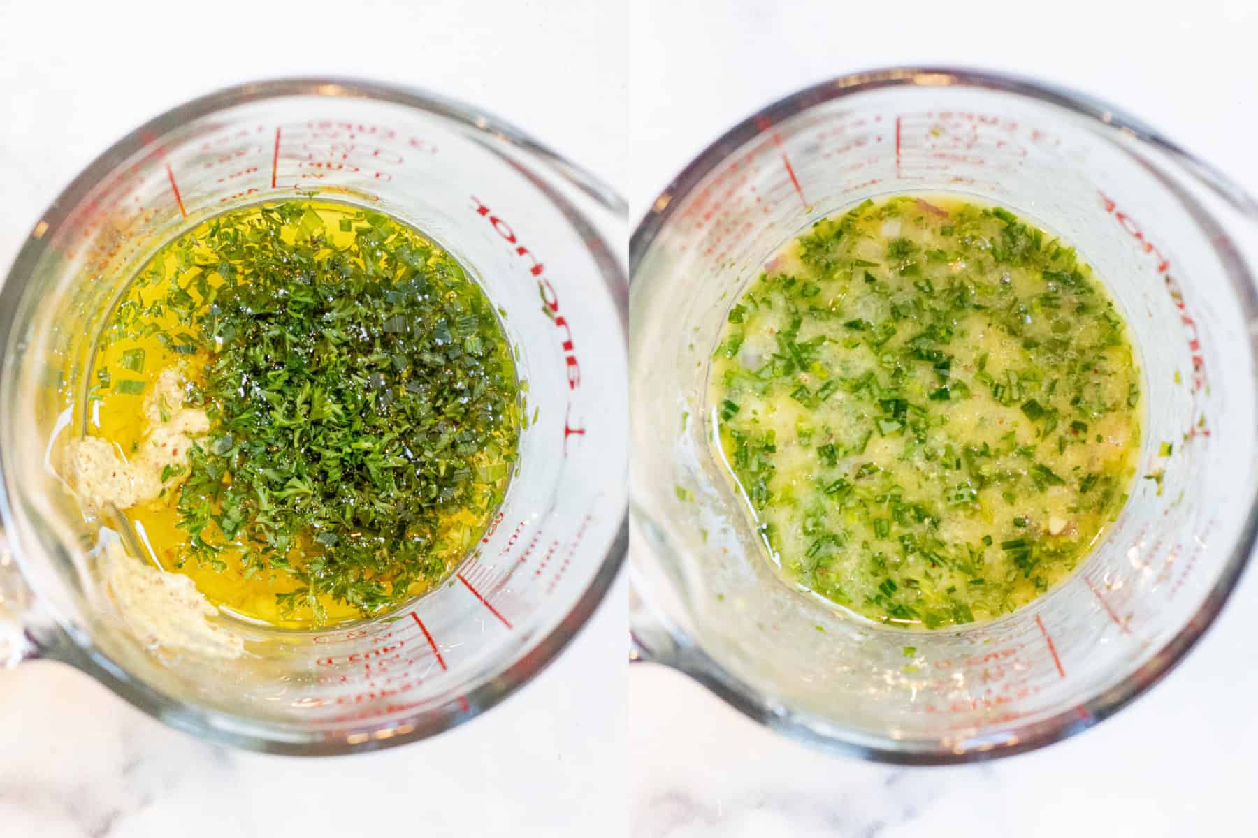 two Pyrex, one with oil and herbs and dijon and then next with it all mixed well.
