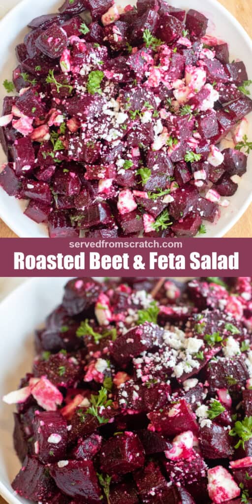 a bowl of cubed and roasted beets with feta and herbs with Pinterest pin text.