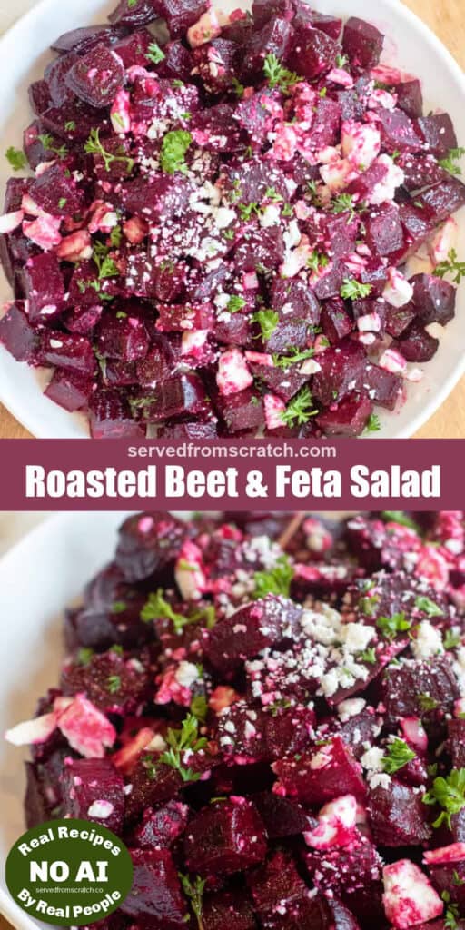 a bowl of roasted beet and feta salad with Pinterest pin text and NO AI sticker.