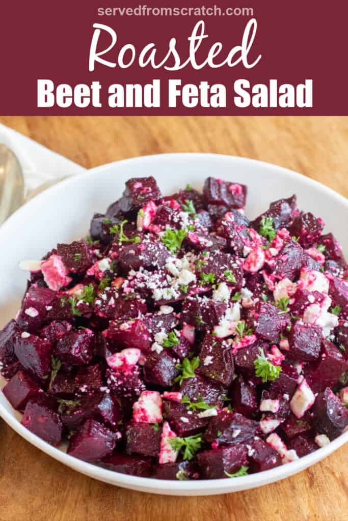 a bowl of cubed and roasted beets with feta and herbs with Pinterest pin text.