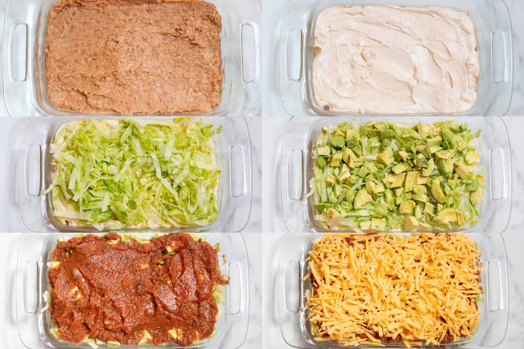 6 pictures of a clear baking dish with: refried beans, sour cream, lettuce, avocado, salsa, and shredded cheese.