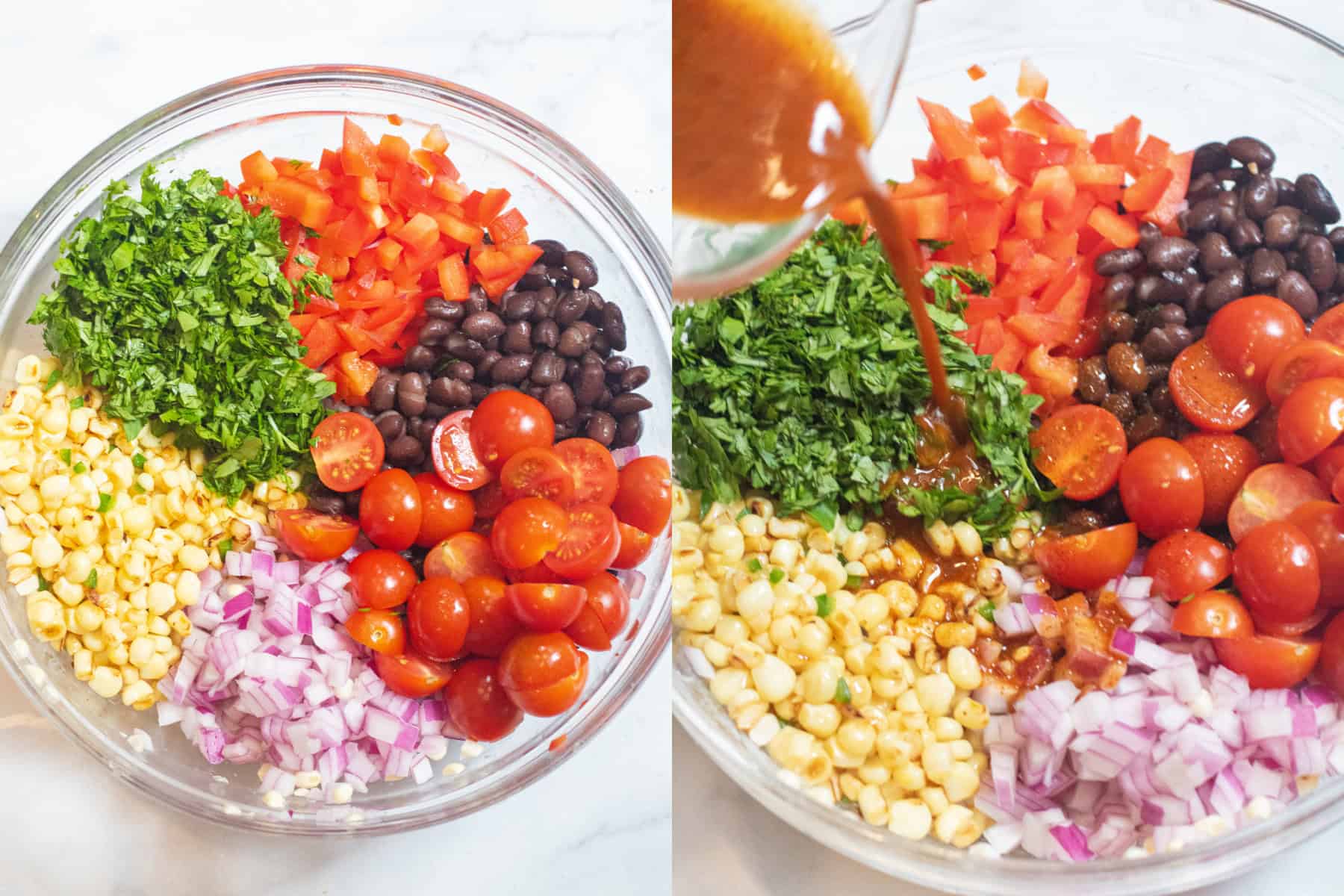 two pictures of bowls, one with all the veggies corn, tomatoes, red pepper, onion, cilantro, and then next with the dressing being poured in.