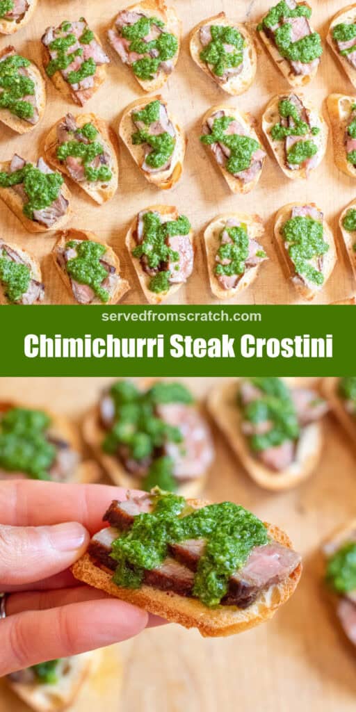 an overhead of a board of steak and chimichurri crostini with Pinterest pin text and a hand holding a crostini.