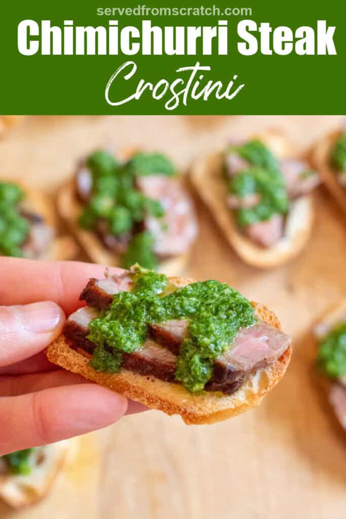 a hand holding a crostini with steak and chimichurri with PInterest pin text.
