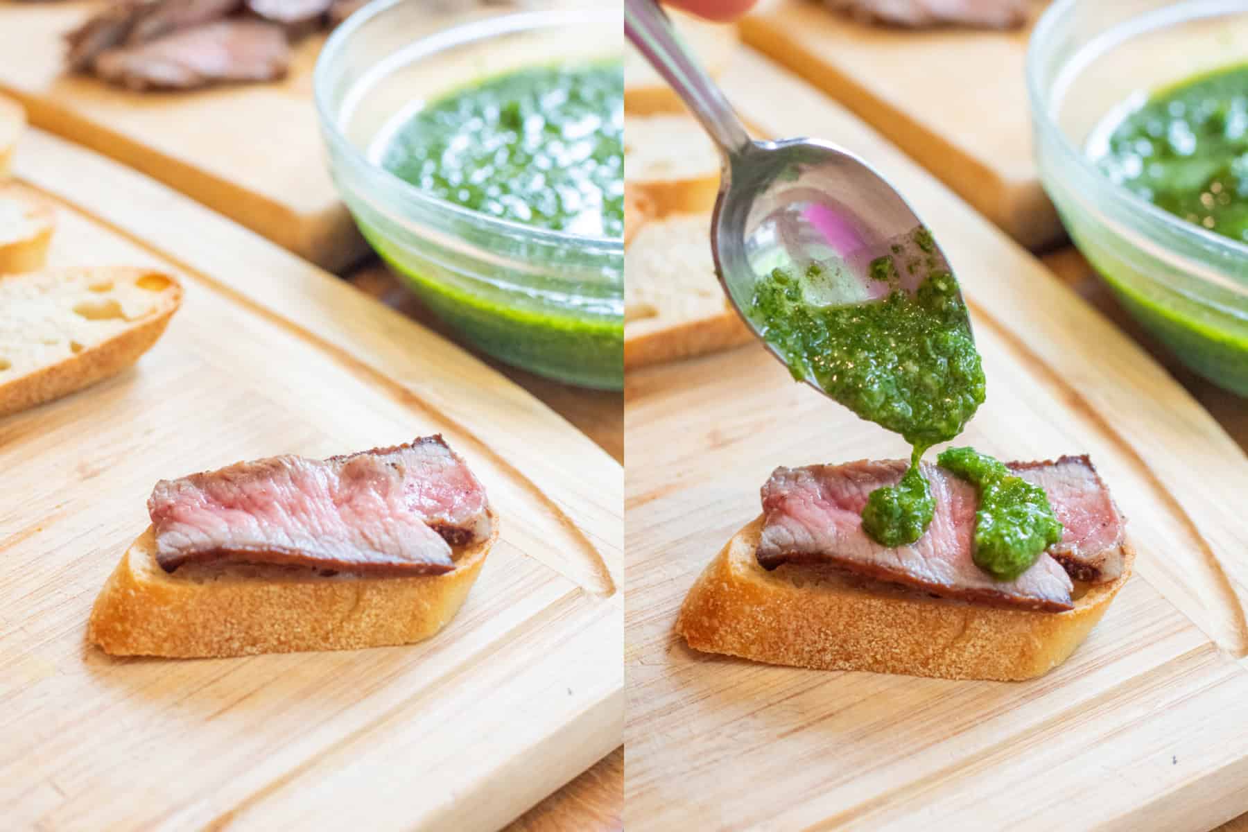 two pictures, one with crostini with sliced steak on it and then a spoon spooning some chimichurri on it.