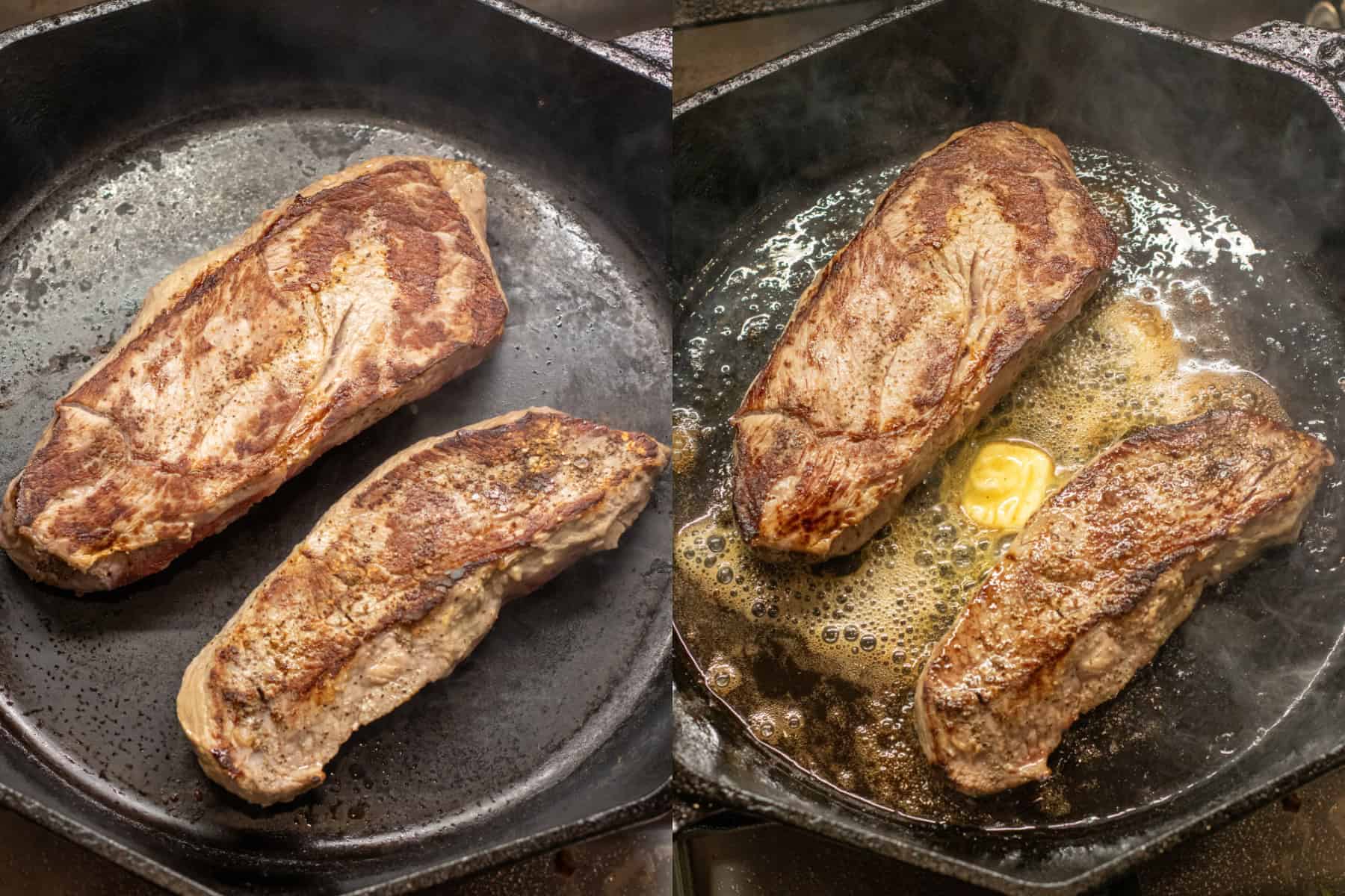 steaks seared in a cast iron skillet and then butter added.