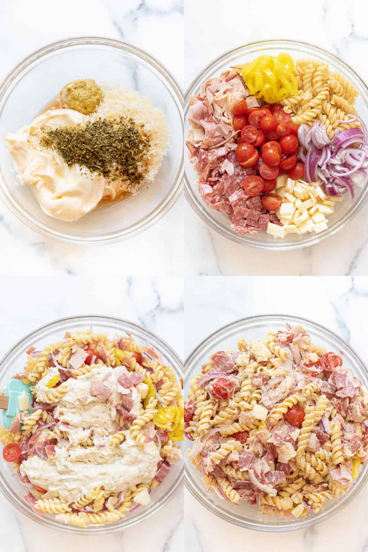 4 bowls, one with mayo mixed with spices, dijon, one with pasta, tomatoes, diced deli meats and cheese and onion, one with the mixed mayo added, and then it all mixed together.